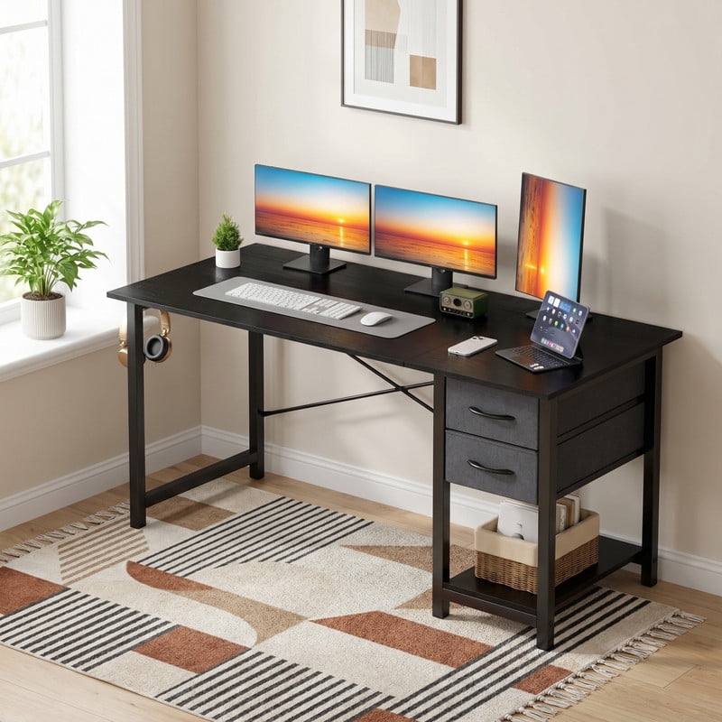 Kelno 47 Inch Computer Desk with 2 Fabric Drawers Home Office Work Table with Side Hook Adjustable Storage Shelf, Black