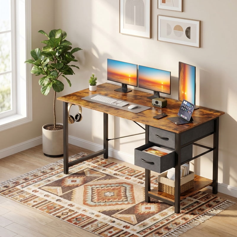 Kelno 47 Inch Computer Desk with 2 Fabric Drawers Home Office Work Table with Side Hook Adjustable Storage Shelf, Rustic Brown