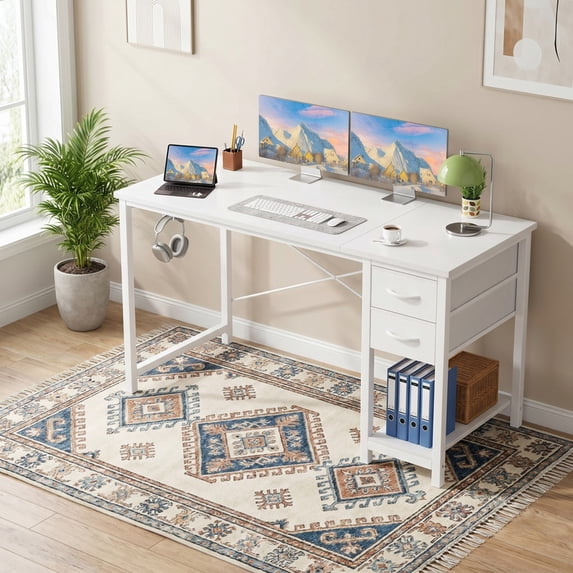 Computer Diskas Kelno 47 Inch Computer Desk with 2 Fabric Drawers Home Office Work ...