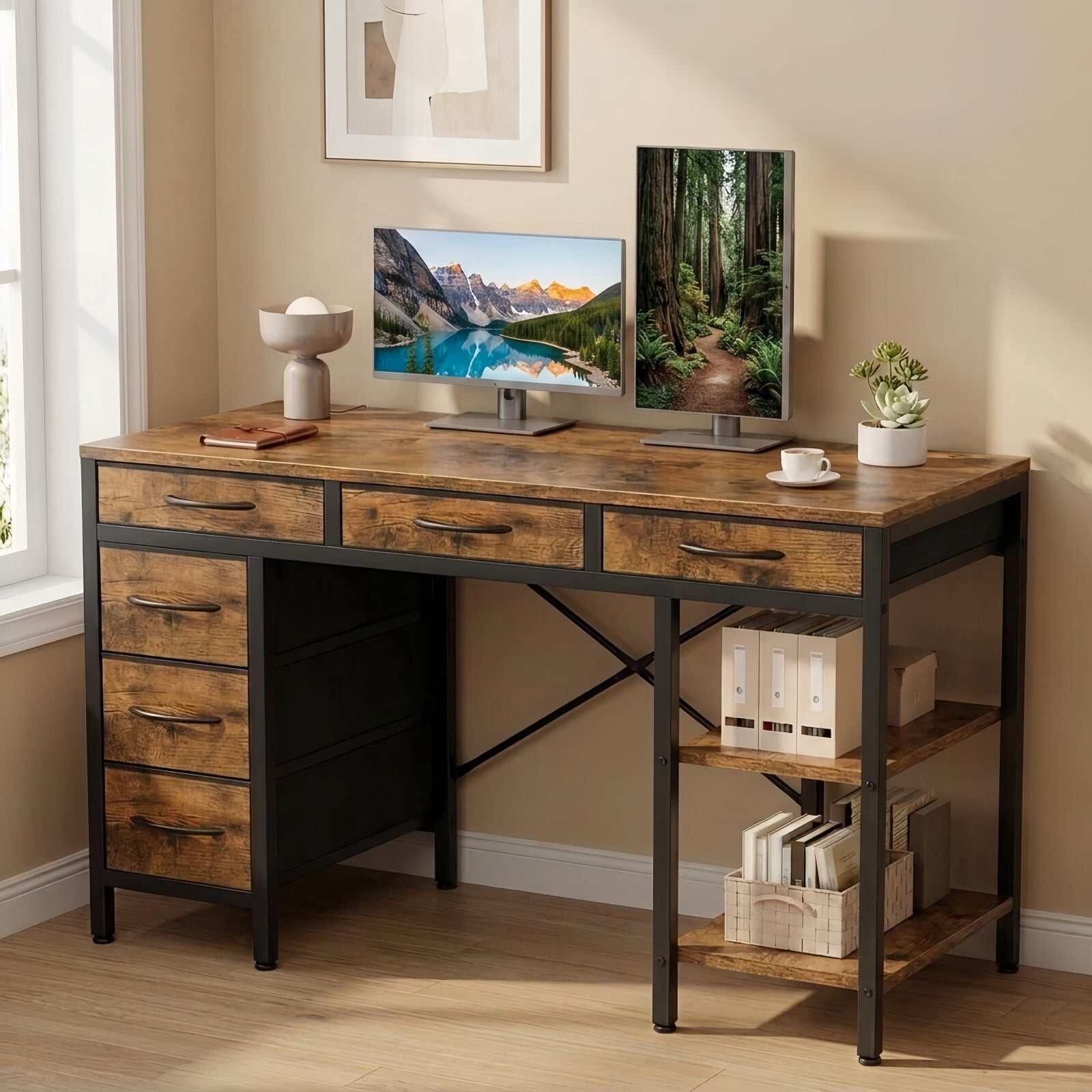 Kelno 47 Inch Computer Desk with 6 Fabric Drawer Storage Shelf Gaming Writing Table, Rustic Brown