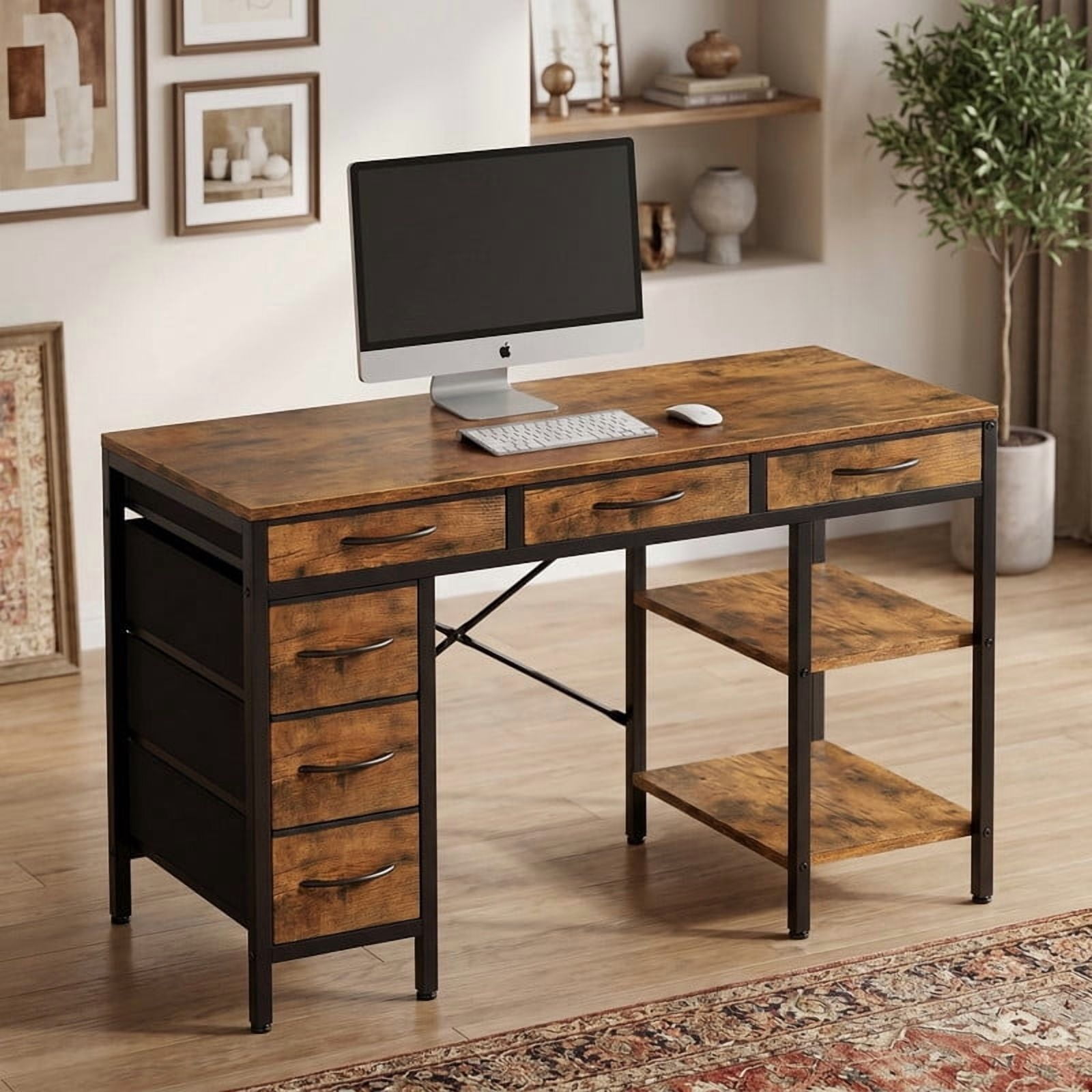 Kelno 47 Inch Computer Desk with 6 Fabric Drawer Storage Shelf Gaming Writing Table, Rustic Brown