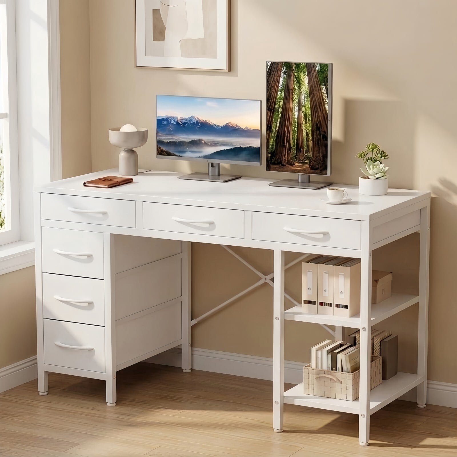 Kelno 47 Inch Computer Desk with 6 Fabric Drawer Storage Shelf Gaming Writing Table, White