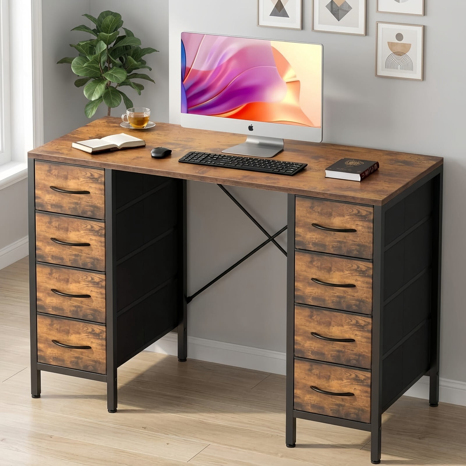 Kelno 47 Inch Computer Desk with 8 Fabric Drawer Large Storage Gaming Writing Table, Rustic Brown