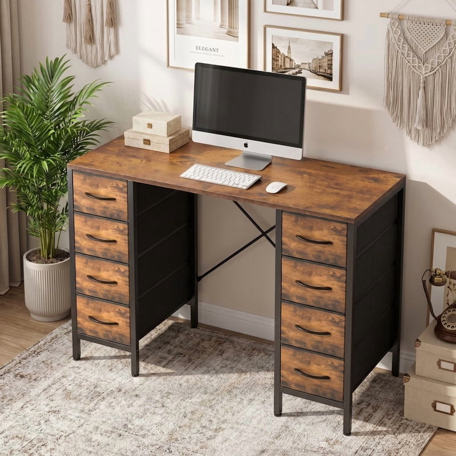 Kelno 47 Inch Computer Desk with 8 Fabric Drawer Large Storage Gaming Writing Table, Rustic Brown