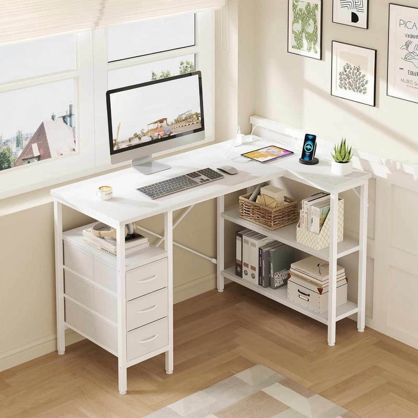 Kelno 47 Inch L Shaped Computer Desk with Power Outlets Adjustable Shelf 3 Fabric Drawer,White