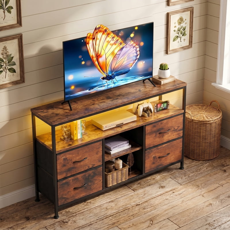 Kelno 47 Inch TV Stand with LED Lights Charging Station AC USB Type-C Ports Media Console with 4 Fabric Drawers Open Shelves, Rustic Brown