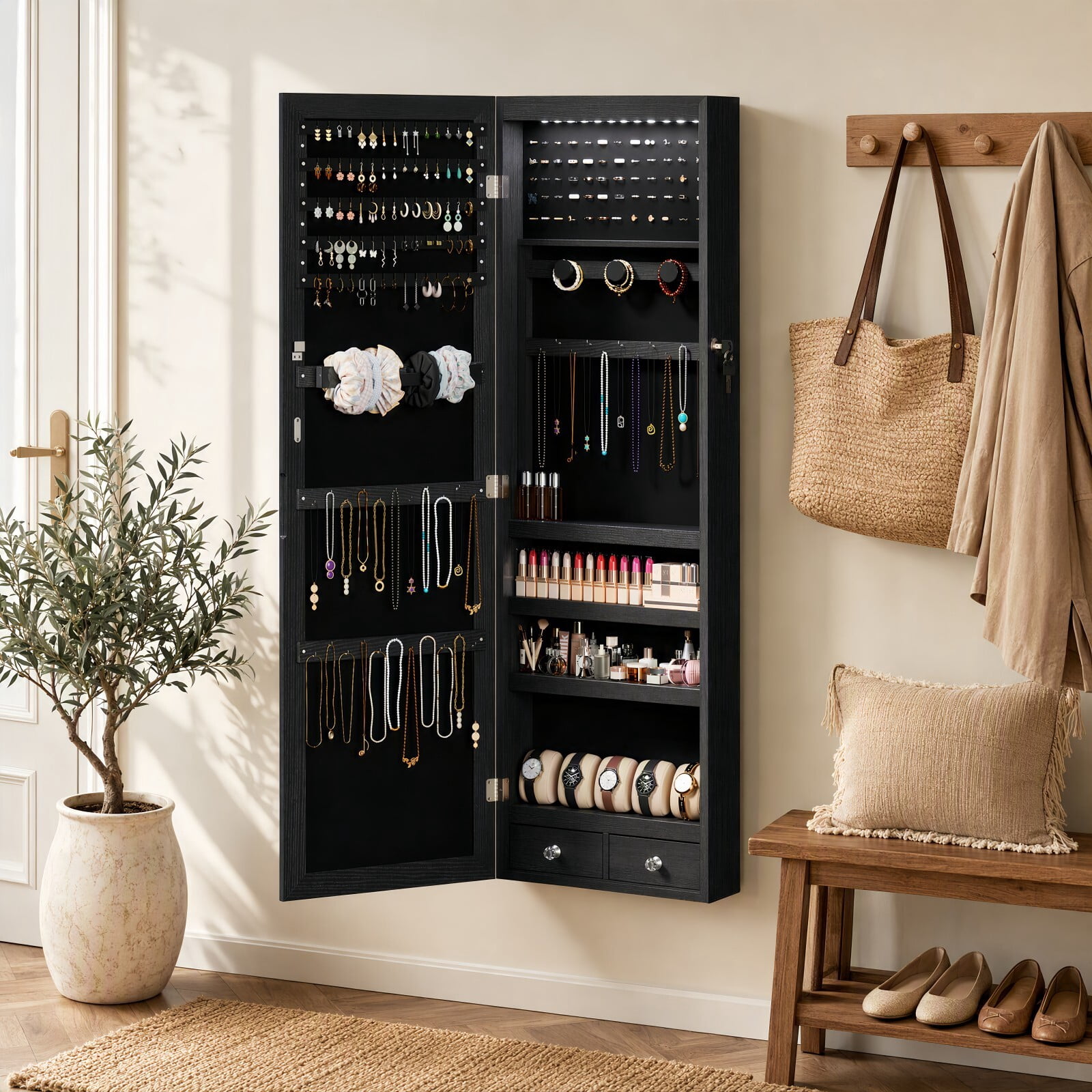 Kelno 47" Jewelry Armoire with HD Mirror LED Lights Wall/Door Mounted Jewelry Organizer Cabinet, Black