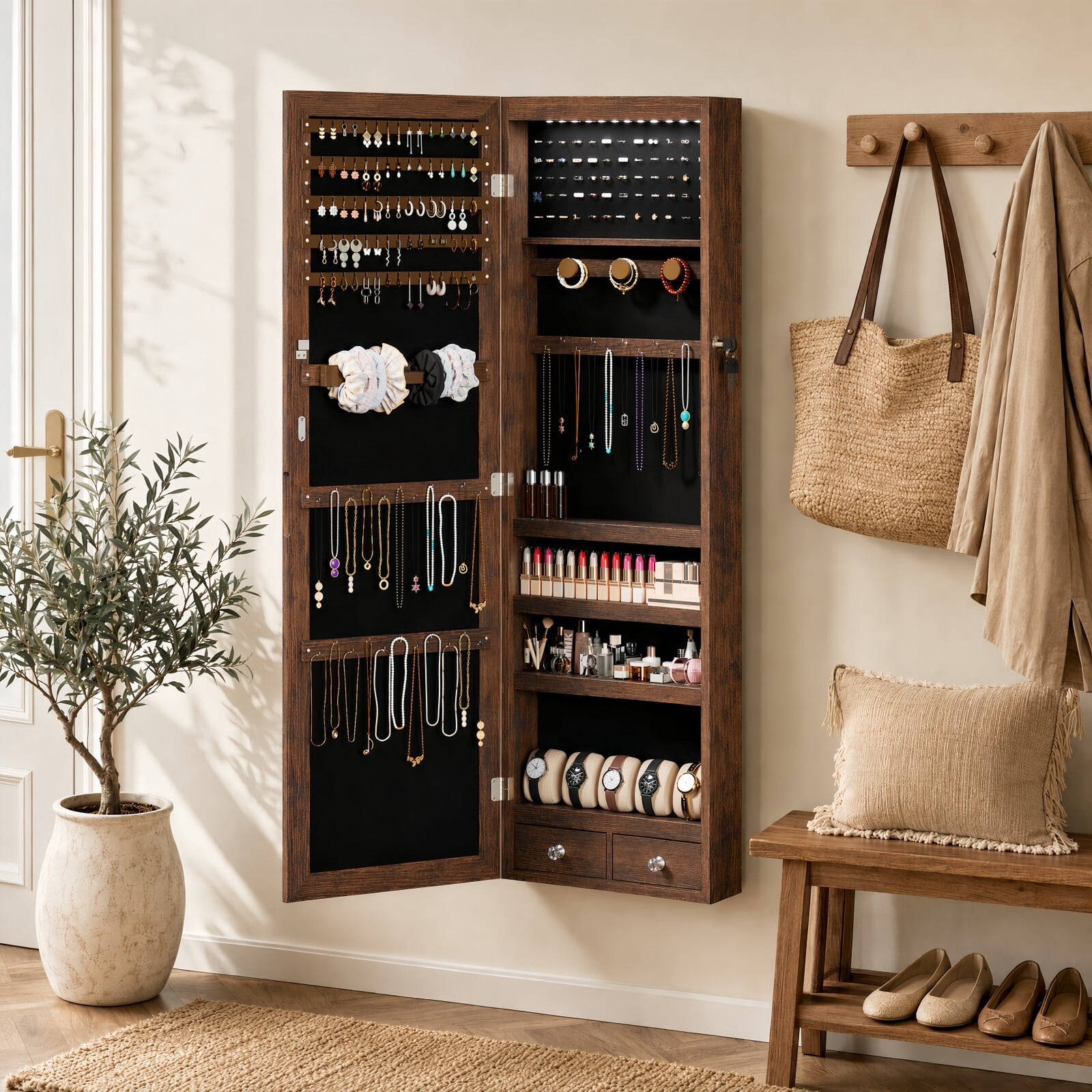 Kelno 47" Jewelry Armoire with HD Mirror LED Lights Wall/Door Mounted Jewelry Organizer Cabinet, Rust