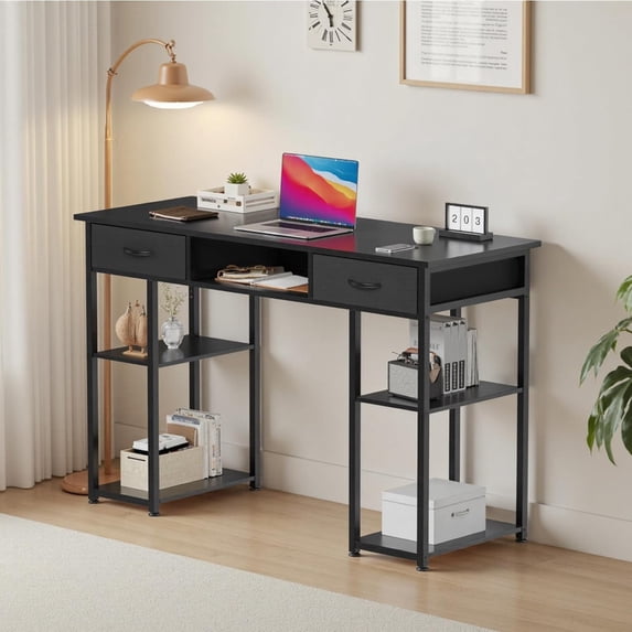 Kelno 48 Inch Computer Desk with Storage Shelf 2 Fabric Drawer Vanity ...