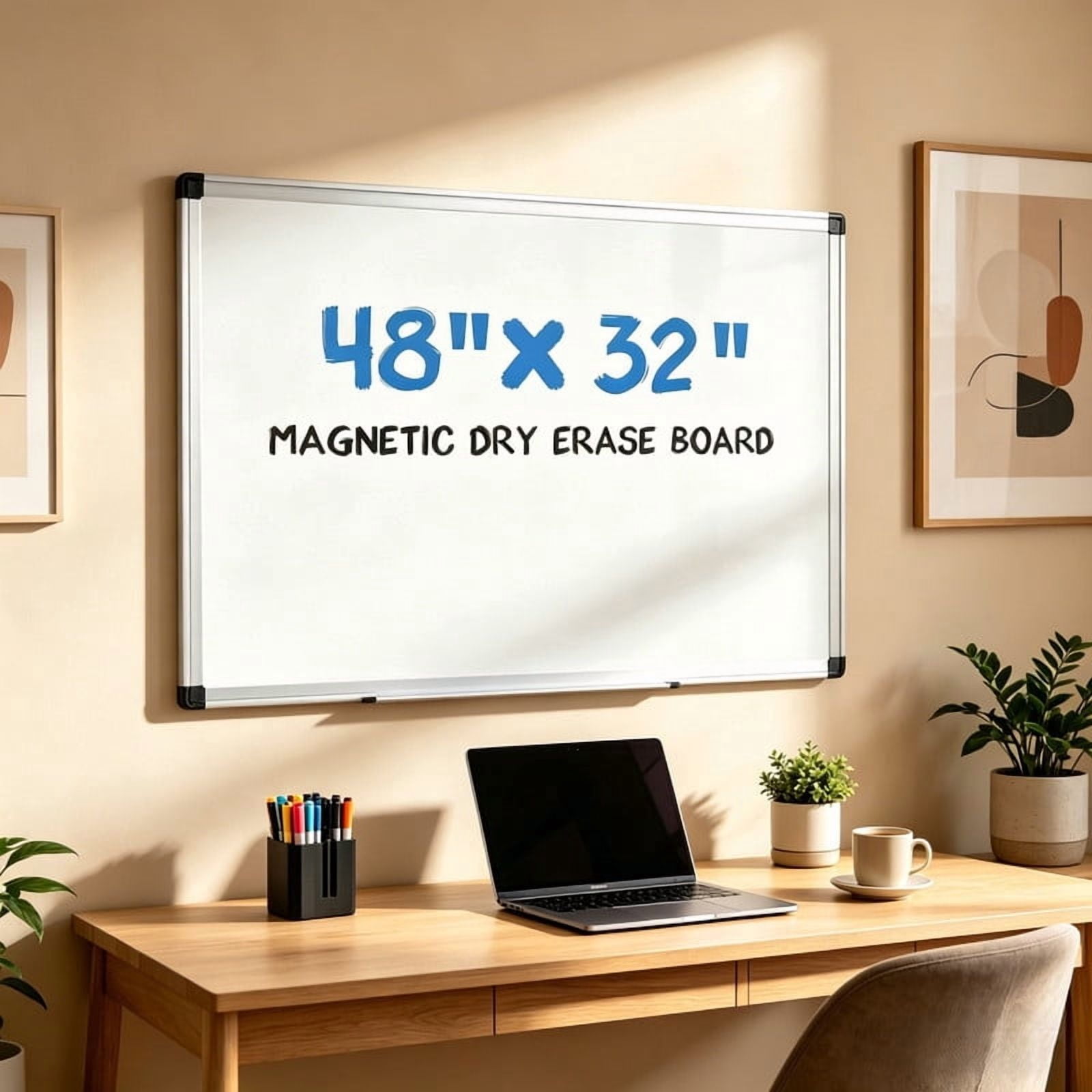 Kelno 48"x32" Magnetic White Board Wall Mount Dry Erase Board with Smooth Surface Aluminum Pen Tray, White