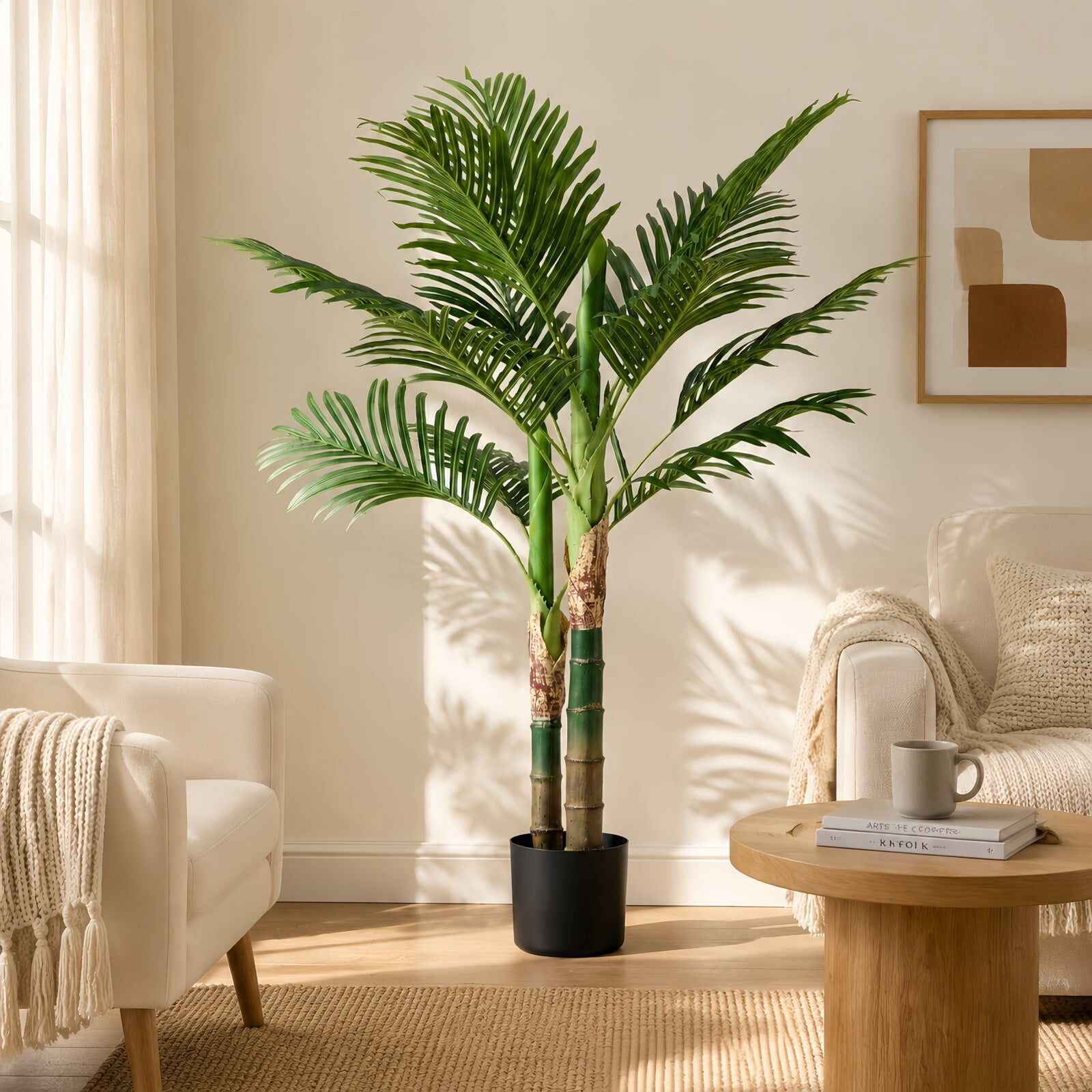 Kelno 4FT Artificial Plant Realistic Faux Palm Tree Potted Fake Decorative Plant, Black Pot