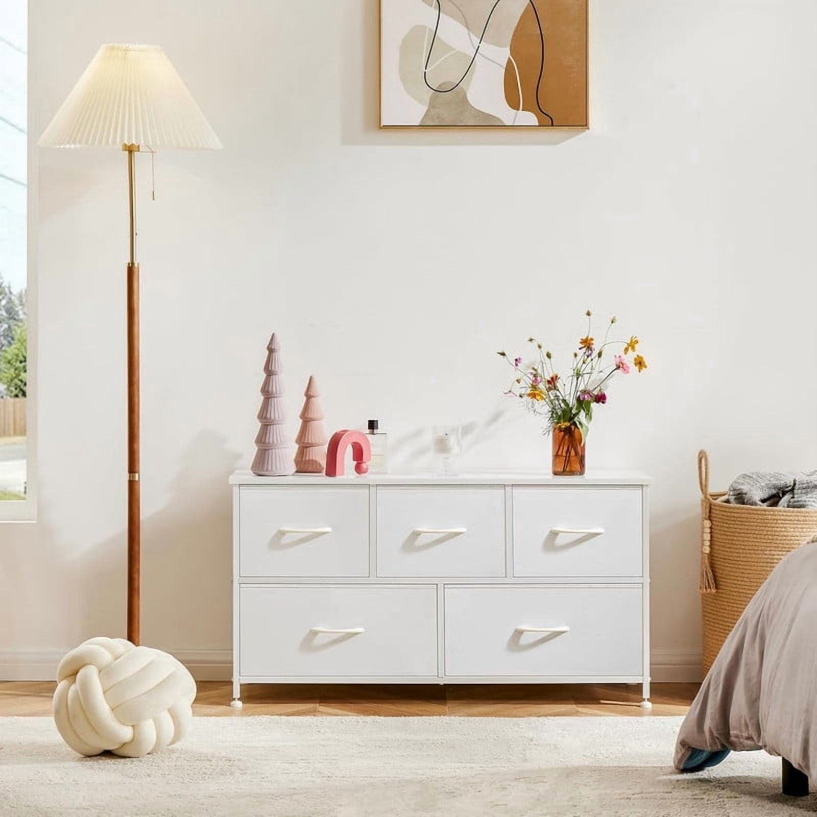 Kelno 5 Drawer Dresser Fabric Chest of Drawers Storage Organizer Wood Top Surface for TV, White
