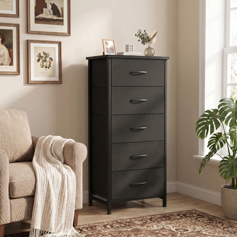 Kelno 5 Drawer Fabric Dresser Steel Frame Storage Chest Organizer with Wood Top, Black