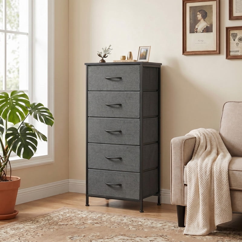 Kelno 5 Drawer Fabric Dresser Steel Frame Storage Chest Organizer with Wood Top, Gray