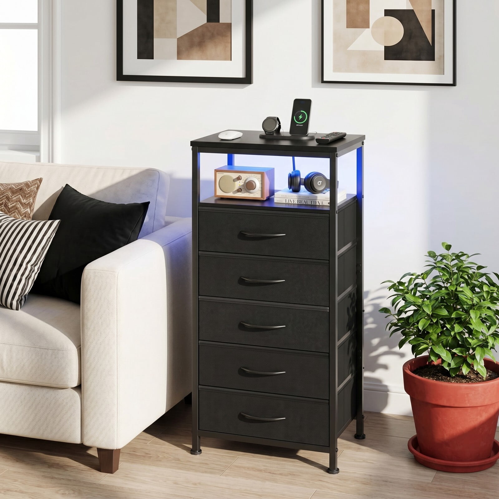 Kelno 5-Drawer Nightstand with Charging Station AC Outlets LED Light Dresser Bedside Table, Black