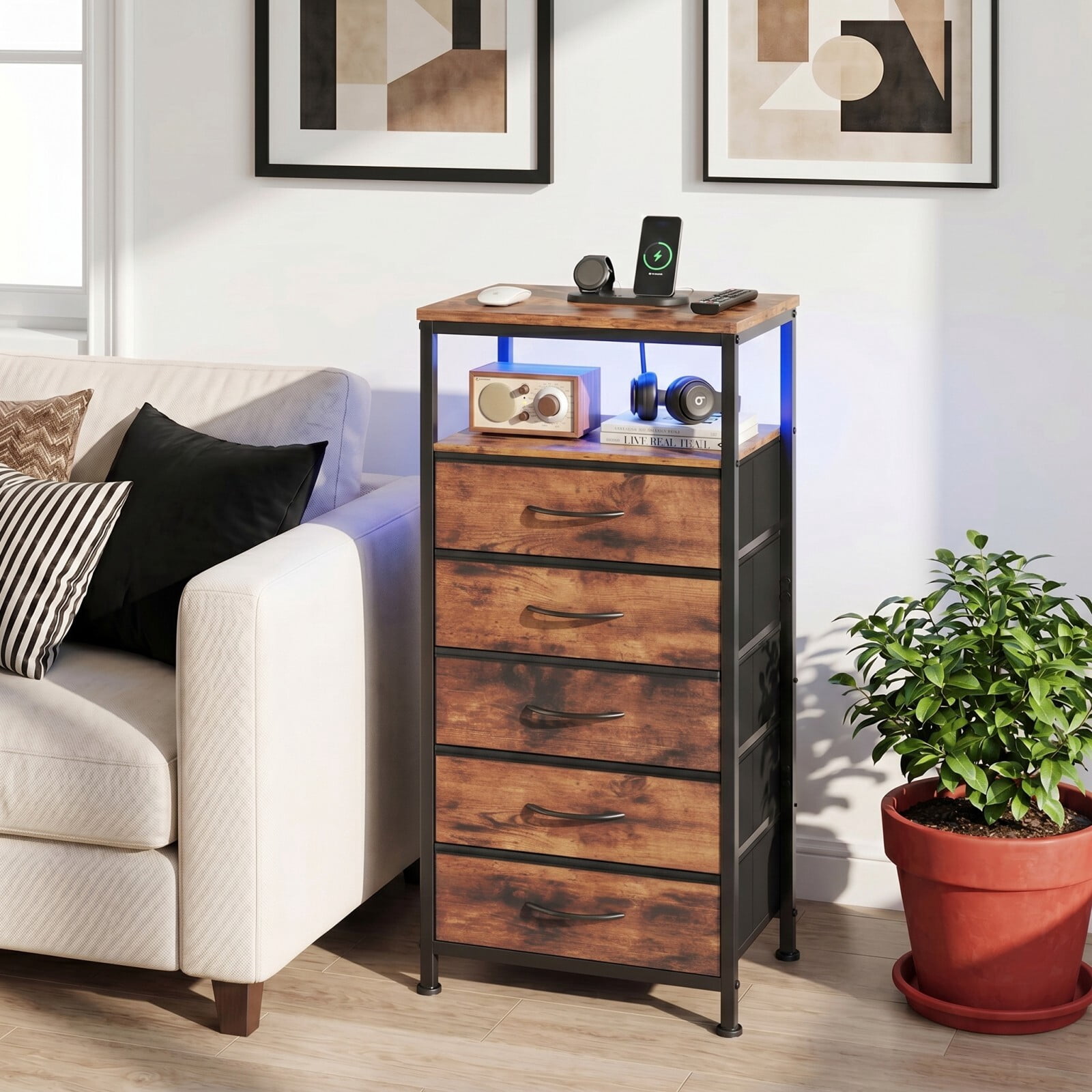 Kelno 5-Drawer Nightstand with Charging Station AC Outlets LED Light Dresser Bedside Table, Rustic Brown