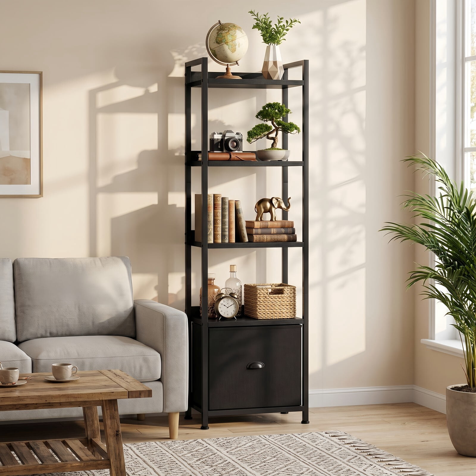 Kelno 5 Tier Bookshelf 55"x15" Bookcase with Fabric Drawer Open Display Storage Rack, Wooden Black