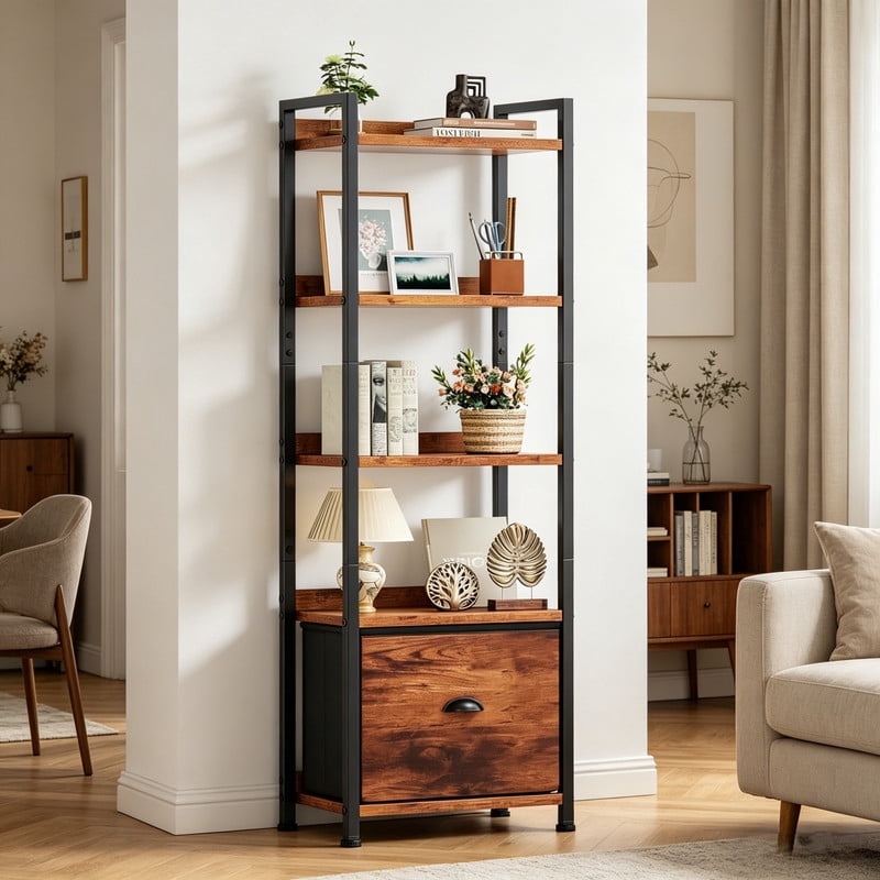 Kelno 5 Tier Bookshelf 55"x15" Bookcase with Fabric Drawer Open Storage Shelves Free Standing Wooden Display Rack,Rustic Brown
