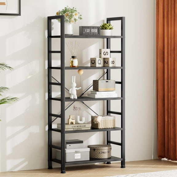 Kelno 5-Tier Bookshelf 62"x24" Industrial Storage Shelf Free Standing Bookcase Metal Frame Bookcase with Open Storage Shelves,Black