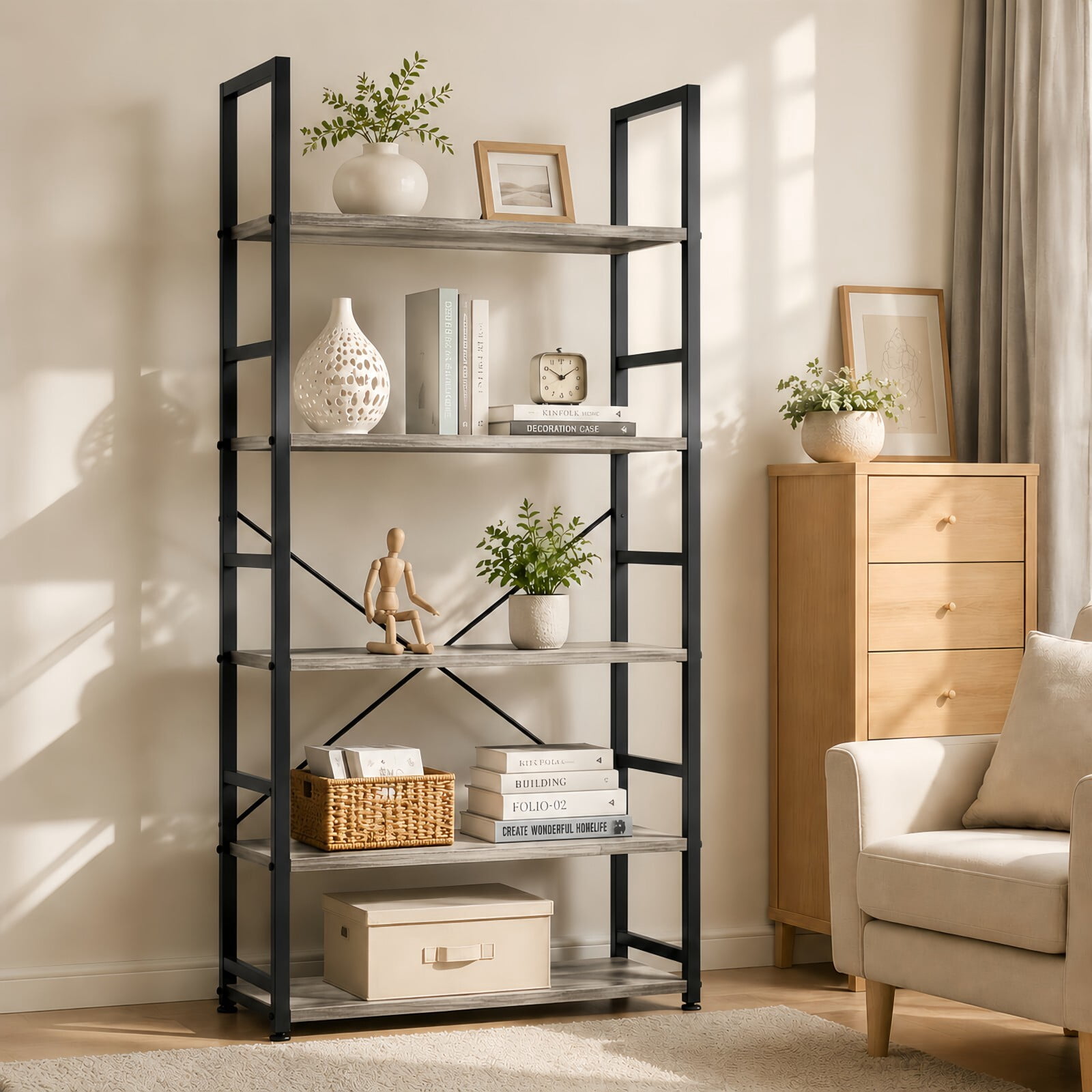 Kelno 5-Tier Bookshelf 62"x24" Industrial Storage Shelf Free Standing Bookcase Metal Frame Bookcase with Open Storage Shelves, Gray
