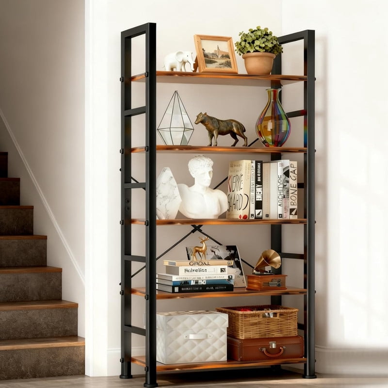 Kelno 5-Tier Bookshelf 62"x24" Industrial Storage Shelf Free Standing Bookcase Metal Frame Bookcase with Open Storage Shelves,Rustic Brown