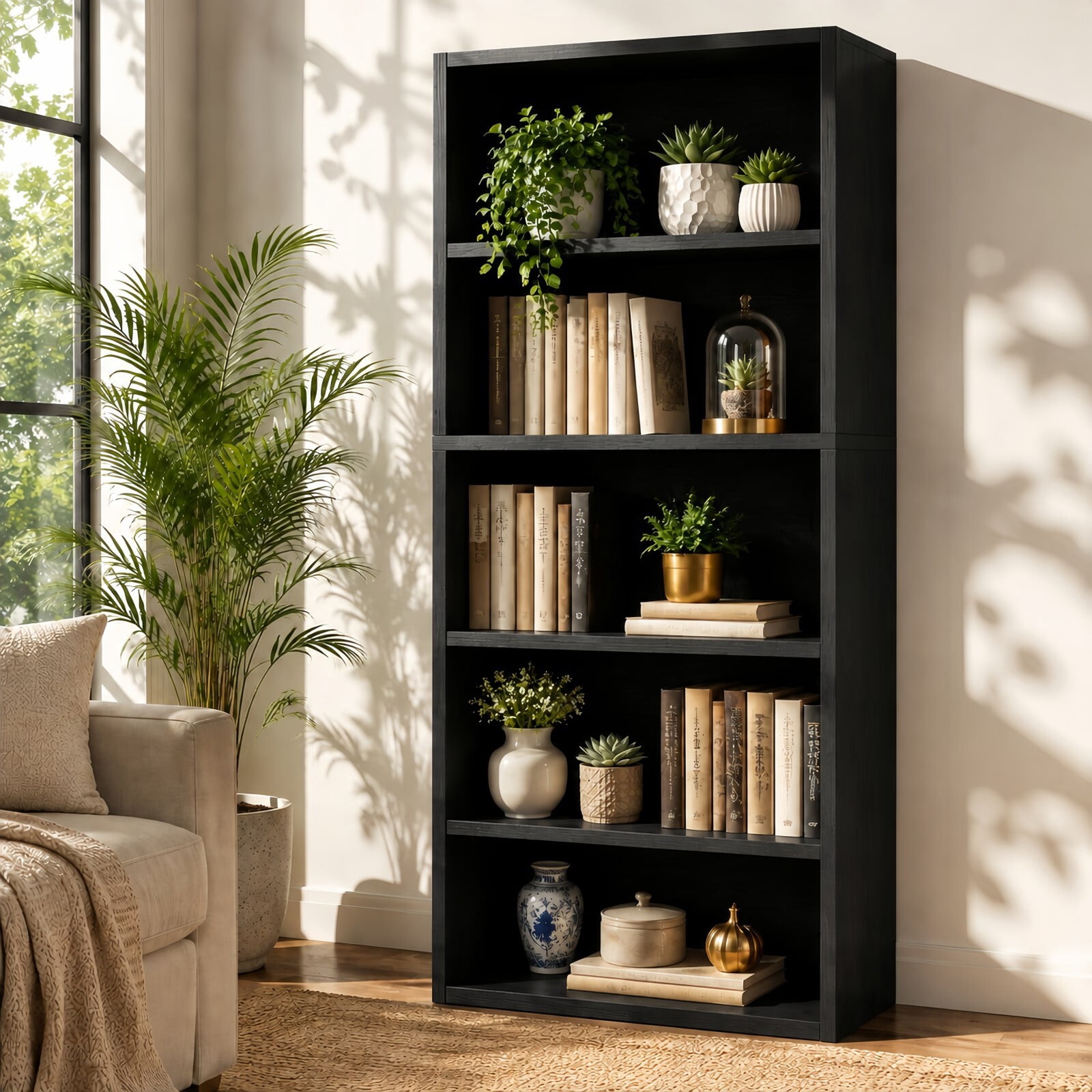 Kelno 5 Tier Vintage Bookshelf 53" Freestanding Wood Bookcase with Adjustable Shelf Anti-Tip Kit, Black