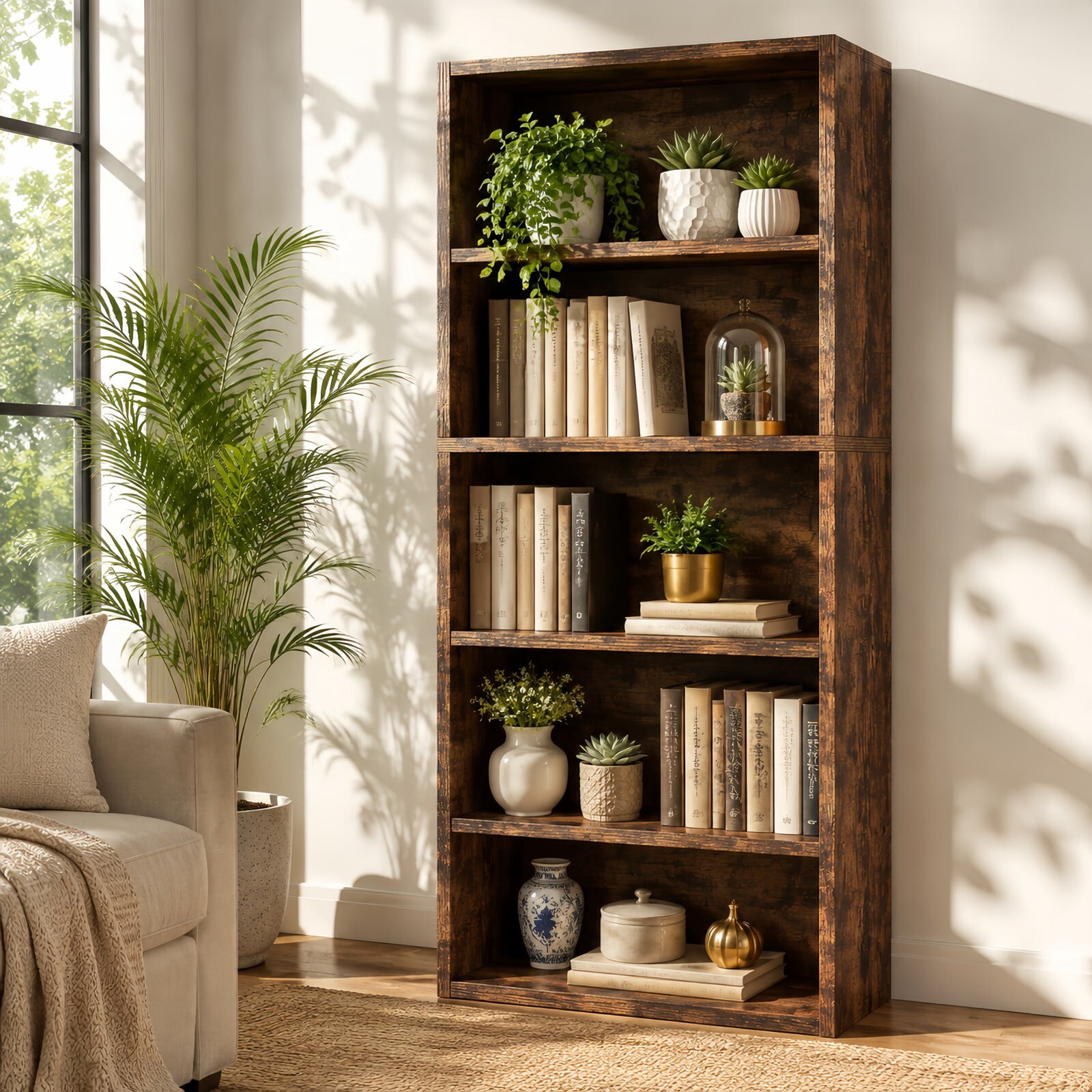 Kelno 5 Tier Vintage Bookshelf 53" Freestanding Wood Bookcase with Adjustable Shelf Anti-Tip Kit, Rust