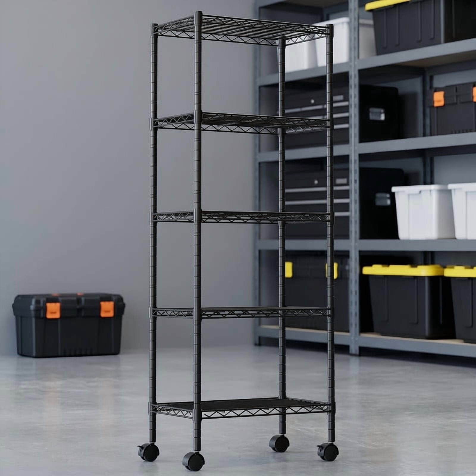 Kelno 5 Tier Wire Shelving with Lockable Wheels Adjustable Metal Storage Rack, Black
