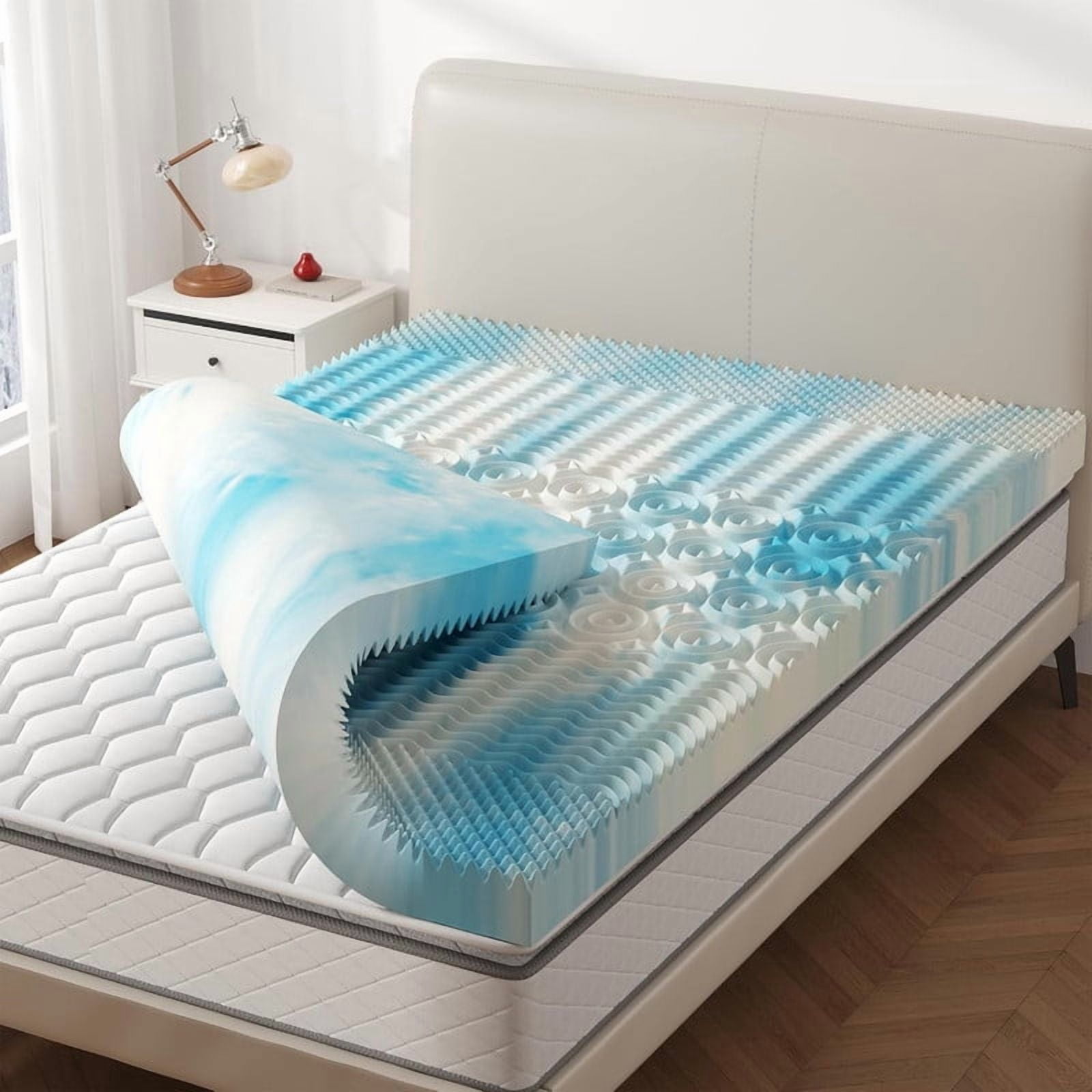Kelno 5-Zone Cooling Gel Infused Memory Foam Mattress Topper Pressure Dispersion Spinal Alignment for All Sleep Positions, Blue