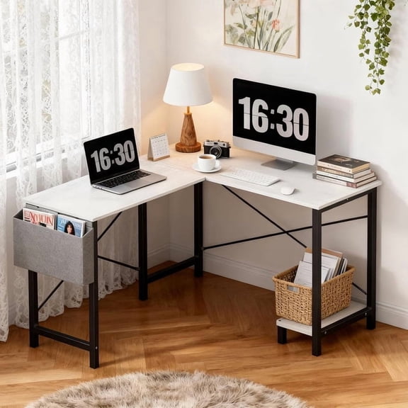 Kelno 50 Inch L Shaped Computer Desk Corner Desk with CPU Stand Side Storge Bag Study Writing Table, White
