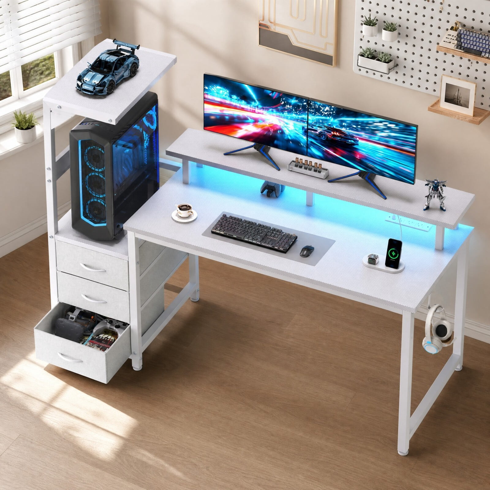 Kelno 52 Inch Computer Gaming Desk with USB Ports LED Lights Home Office Table with Monitor Stand Drawers, White