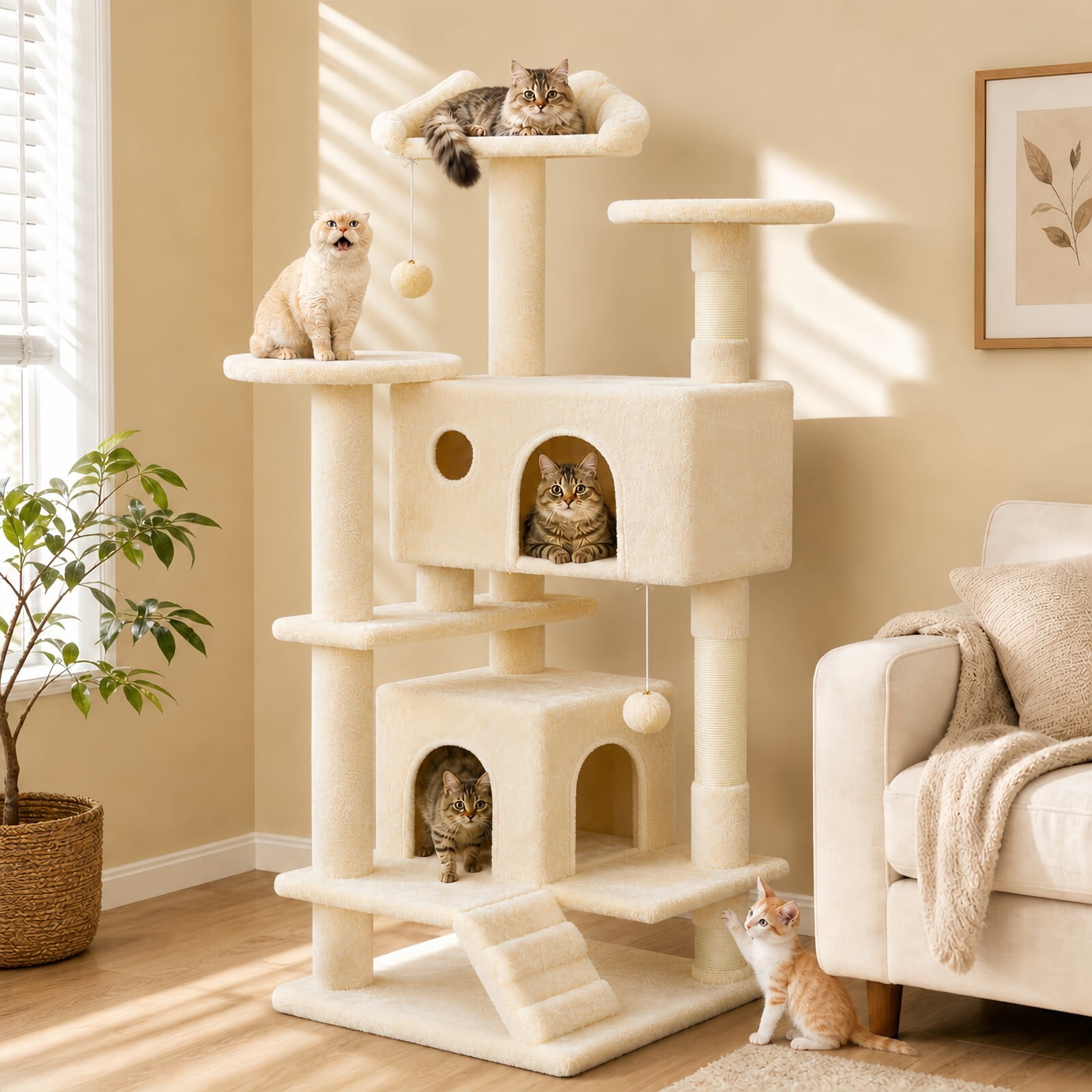 Kelno 54" Cat Tree Tower Durable Cat Climbing Tower with Sisal Scratching Posts Cozy Condo Hammock and Platforms, Beige
