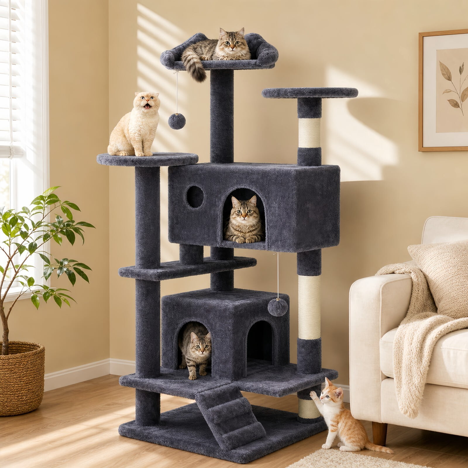 Kelno 54" Cat Tree Tower Durable Cat Climbing Tower with Sisal Scratching Posts Cozy Condo Hammock and Platforms, Dark Gray