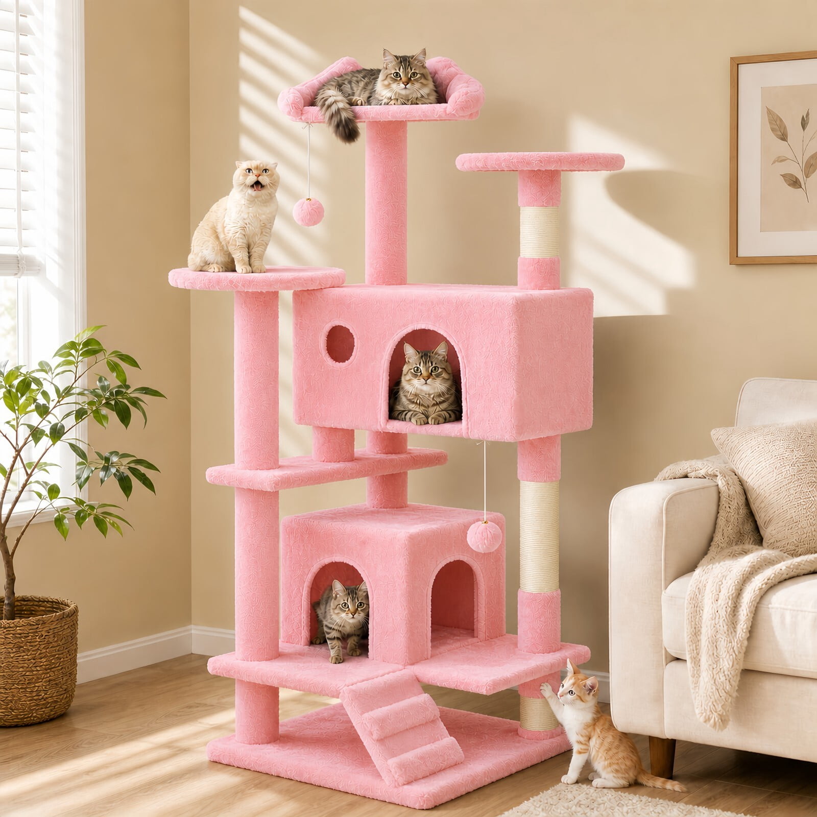 Kelno 54" Cat Tree Tower Durable Cat Climbing Tower with Sisal Scratching Posts Cozy Condo Hammock and Platforms, Pink
