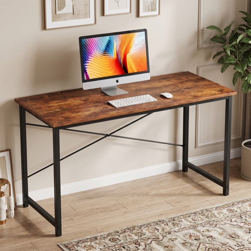 Kelno 55" Computer Desk Gaming Table Home Office Writing Study Workstation with Sturdy Metal Frame, Rustic Brown