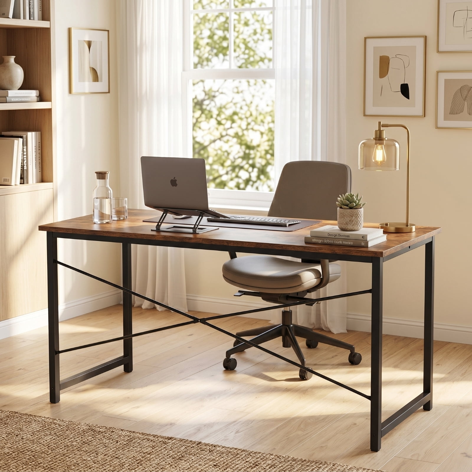 Kelno 55 Inch Computer Desk Home Office Writing Study Desk Gaming Table，Rustic Brown