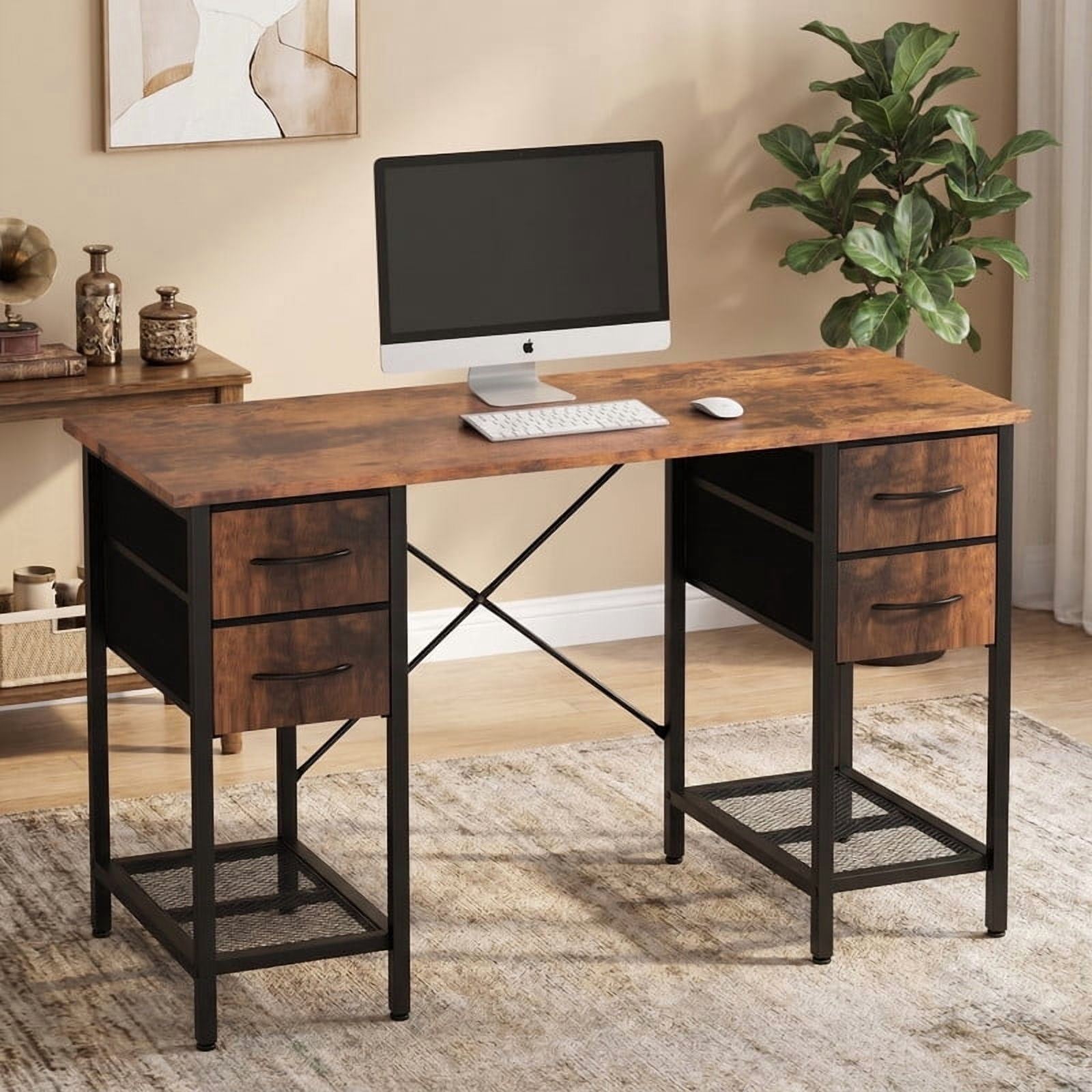 Kelno 55 Inch Computer Desk with 4 Fabric Drawer Storage Shelf Gaming Writing Table, Rustic Brown