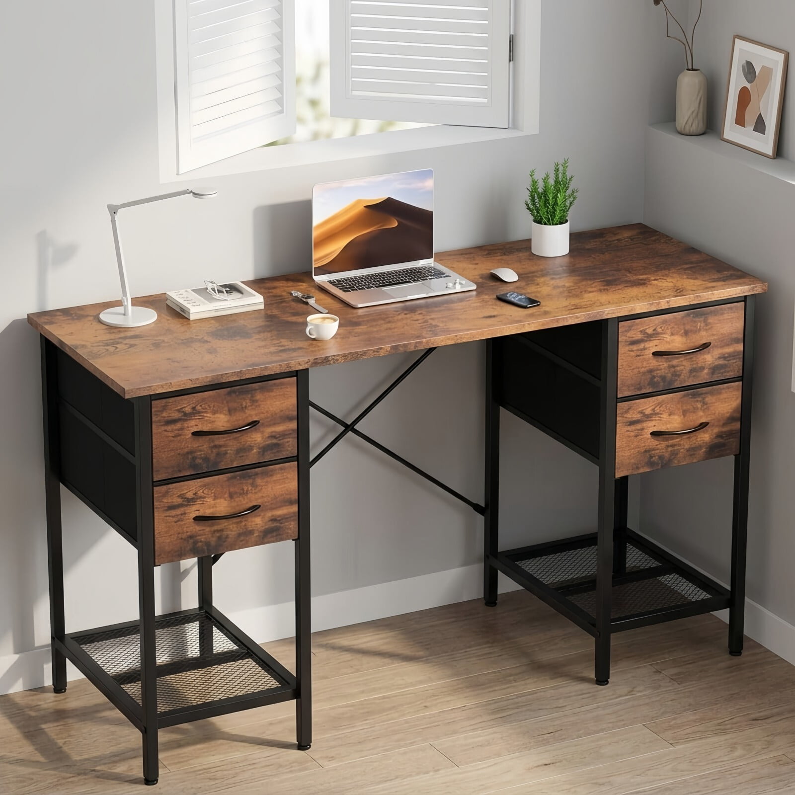 Kelno 55 Inch Computer Desk with 4 Fabric Drawer Storage Shelf Gaming Writing Table, Rustic Brown