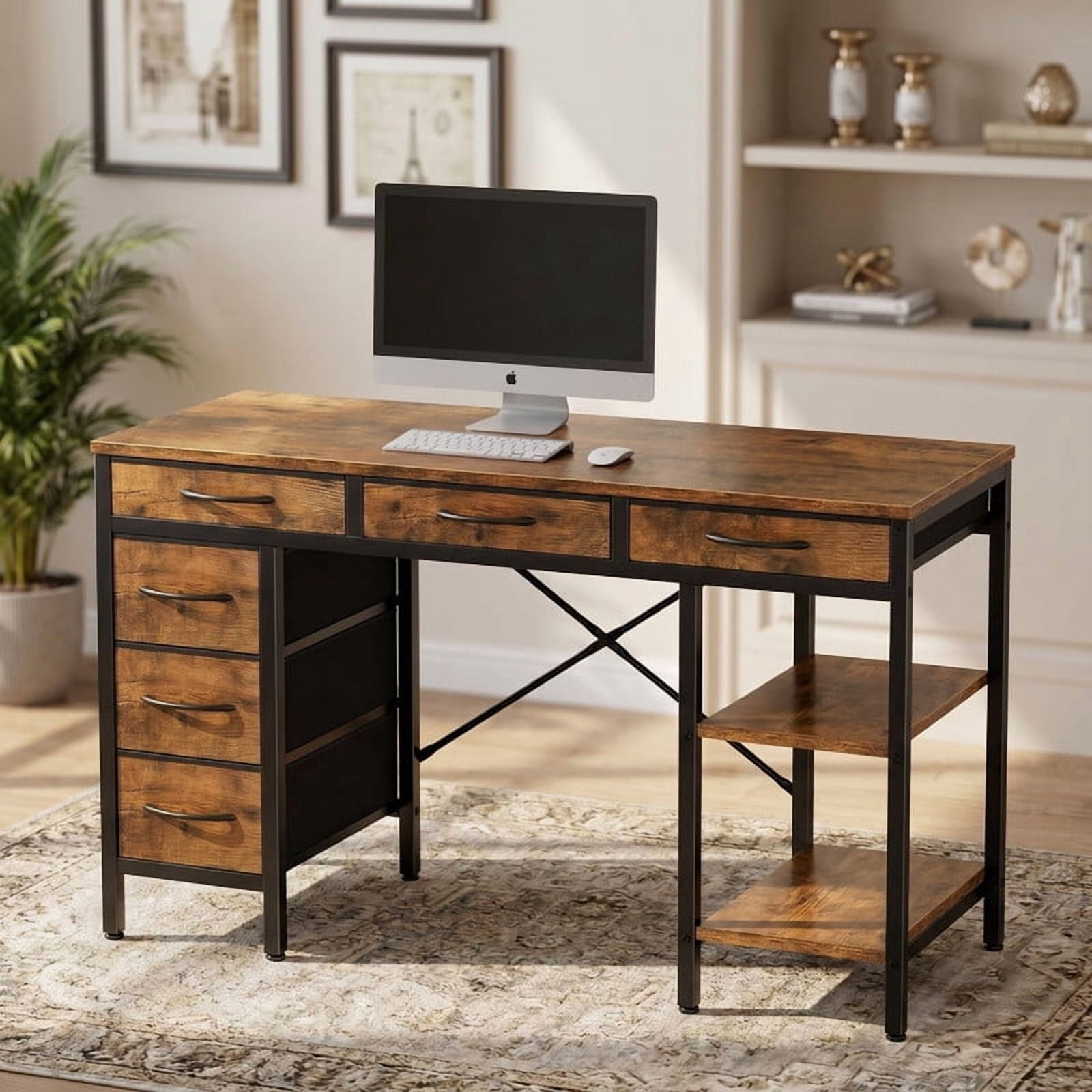 Kelno 55 Inch Computer Desk with 6 Fabric Drawer Storage Shelf Gaming Writing Table, Rustic Brown