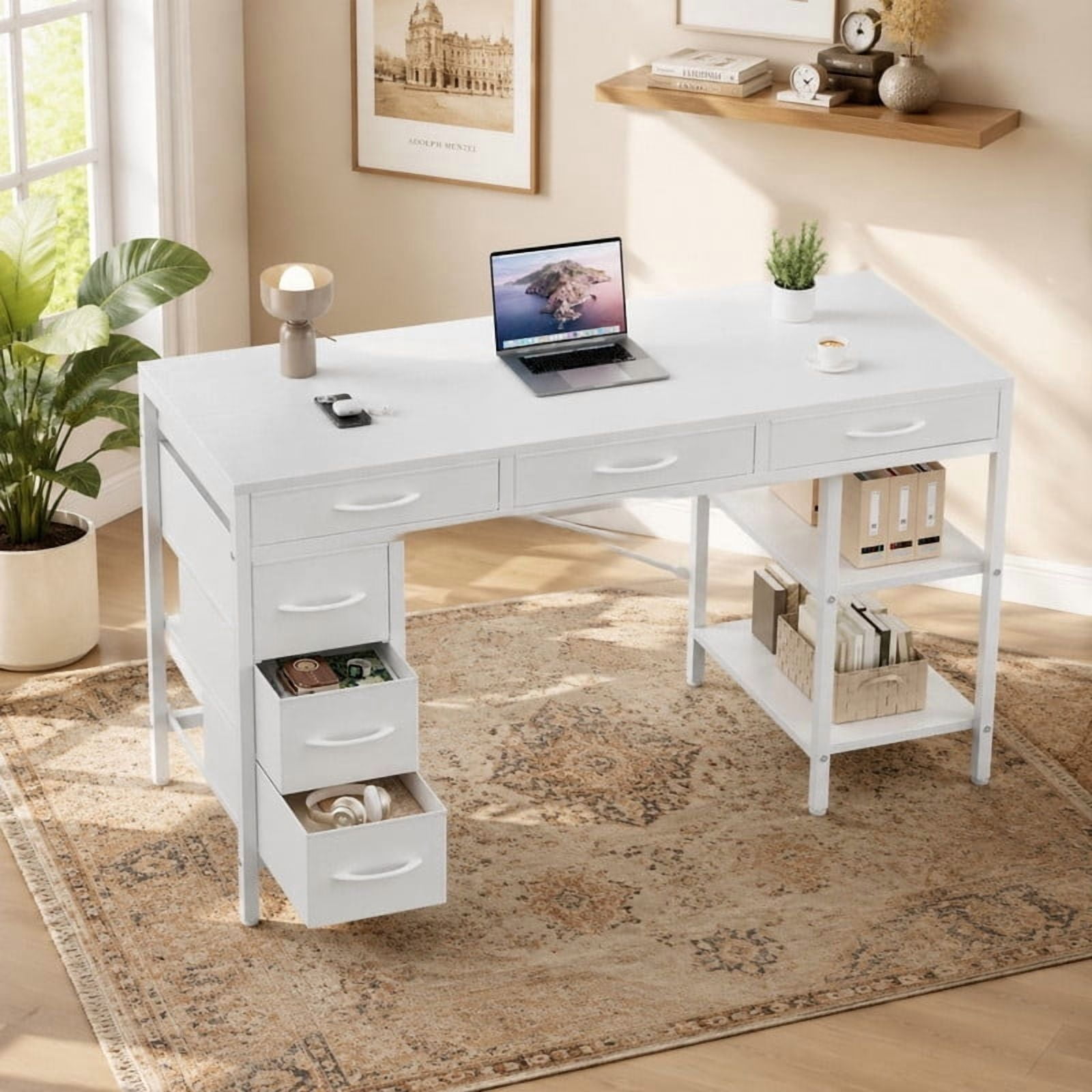 Kelno 55 Inch Computer Desk with 6 Fabric Drawer Storage Shelf Gaming Writing Table, White