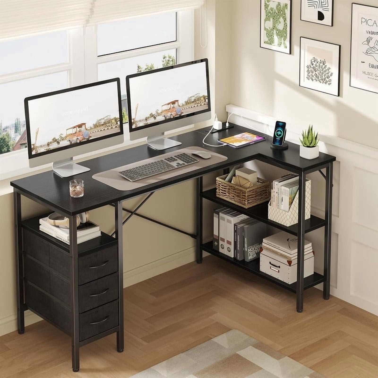 Kelno 55 Inch L Shaped Computer Desk with Power Outlets Adjustable Shelf 3 Fabric Drawer,Black