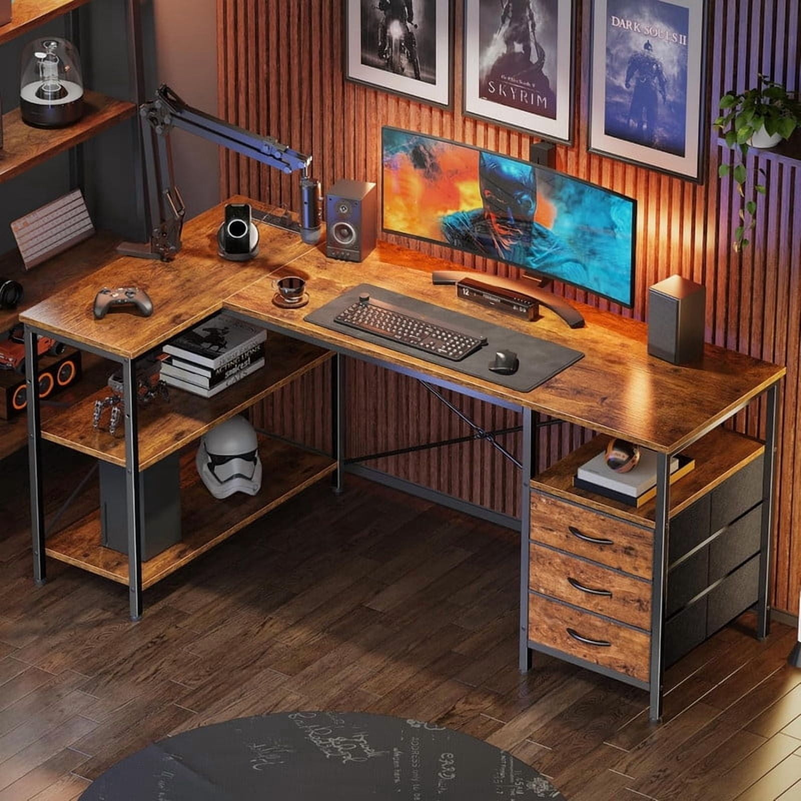 Kelno 55 Inch L Shaped Computer Desk with Power Outlets Adjustable Shelf 3 Fabric Drawer,Rustic Brown