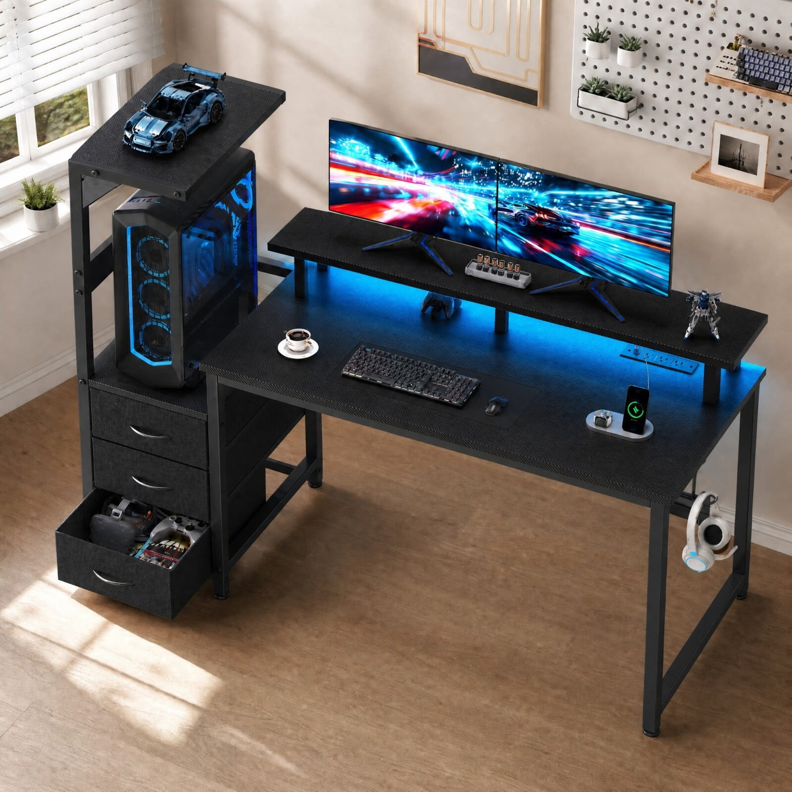 Kelno 59 Inch Computer Gaming Desk with USB Ports LED Lights Home Office Table with Monitor Stand Drawers, Black