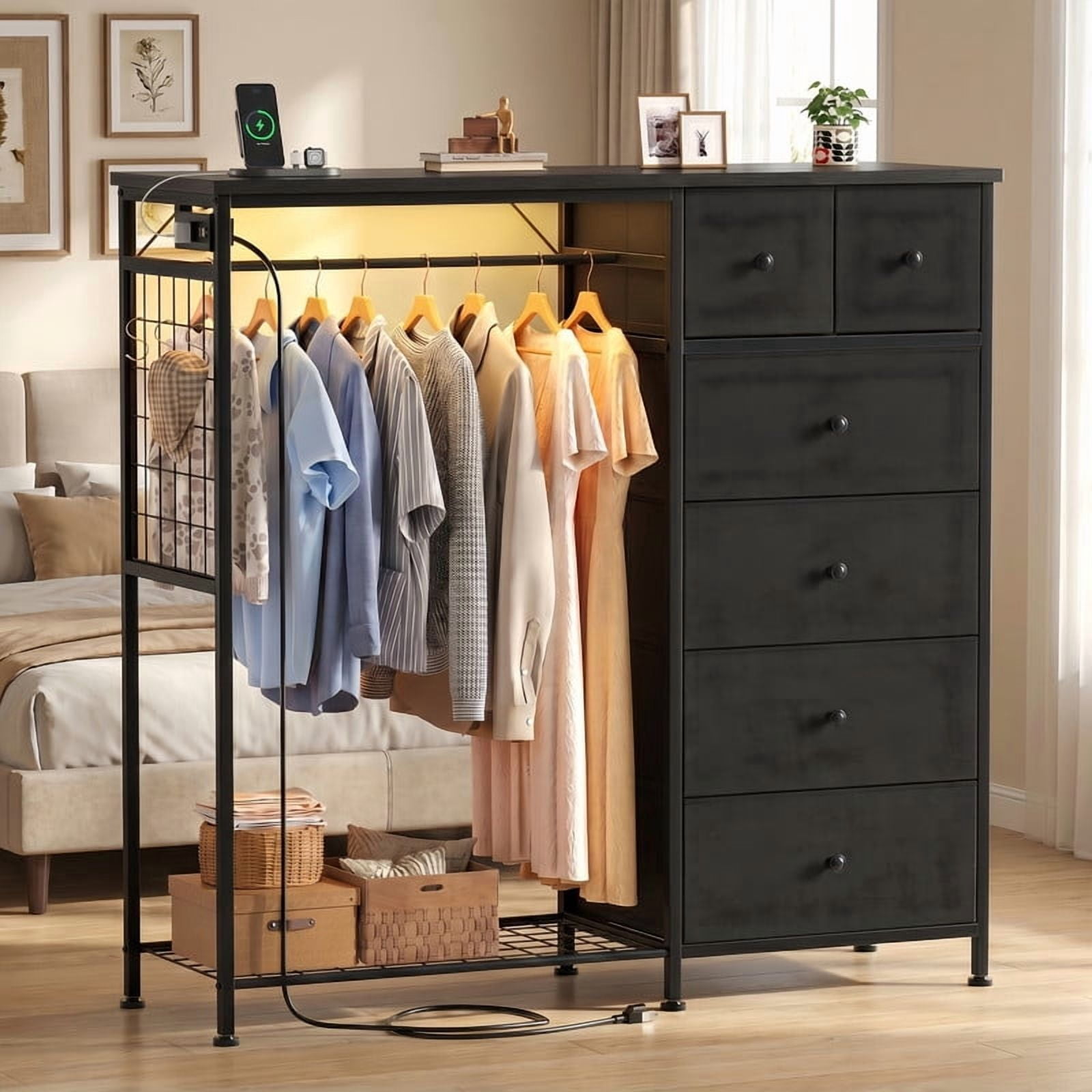 Kelno 6 Drawer Dresser with Hanging Rack LED Lights Charging Station Fabric Closet Organizer Storage Tower, Black
