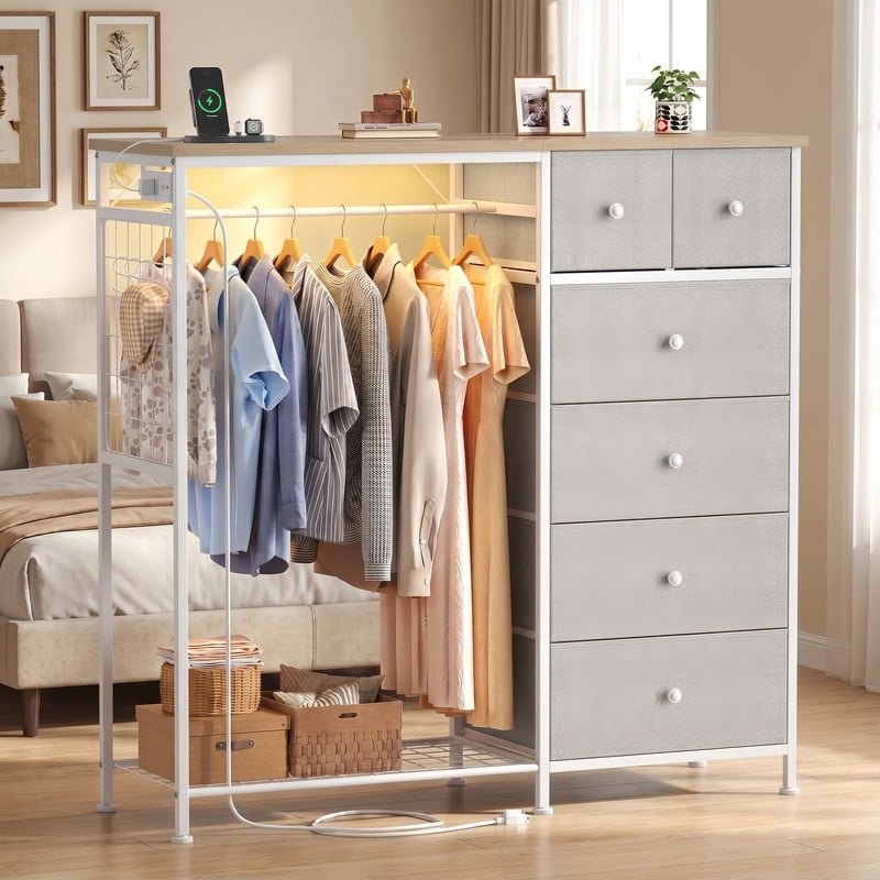 Kelno 6 Drawer Dresser with Hanging Rack LED Lights Charging Station Fabric Closet Organizer Storage Tower, Light Gray