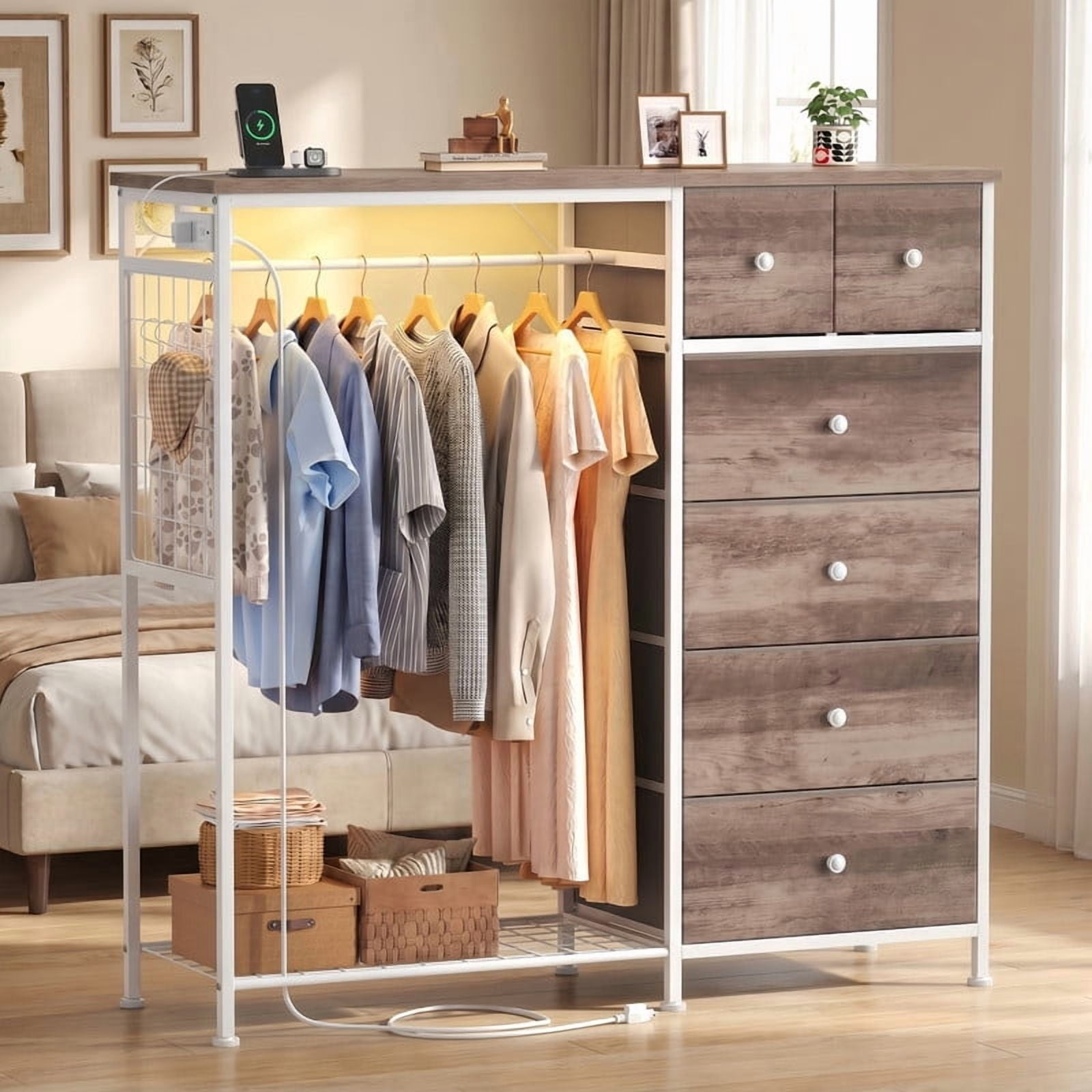 Kelno 6 Drawer Dresser with Hanging Rack LED Lights Charging Station Fabric Closet Organizer Storage Tower, Oak Greige