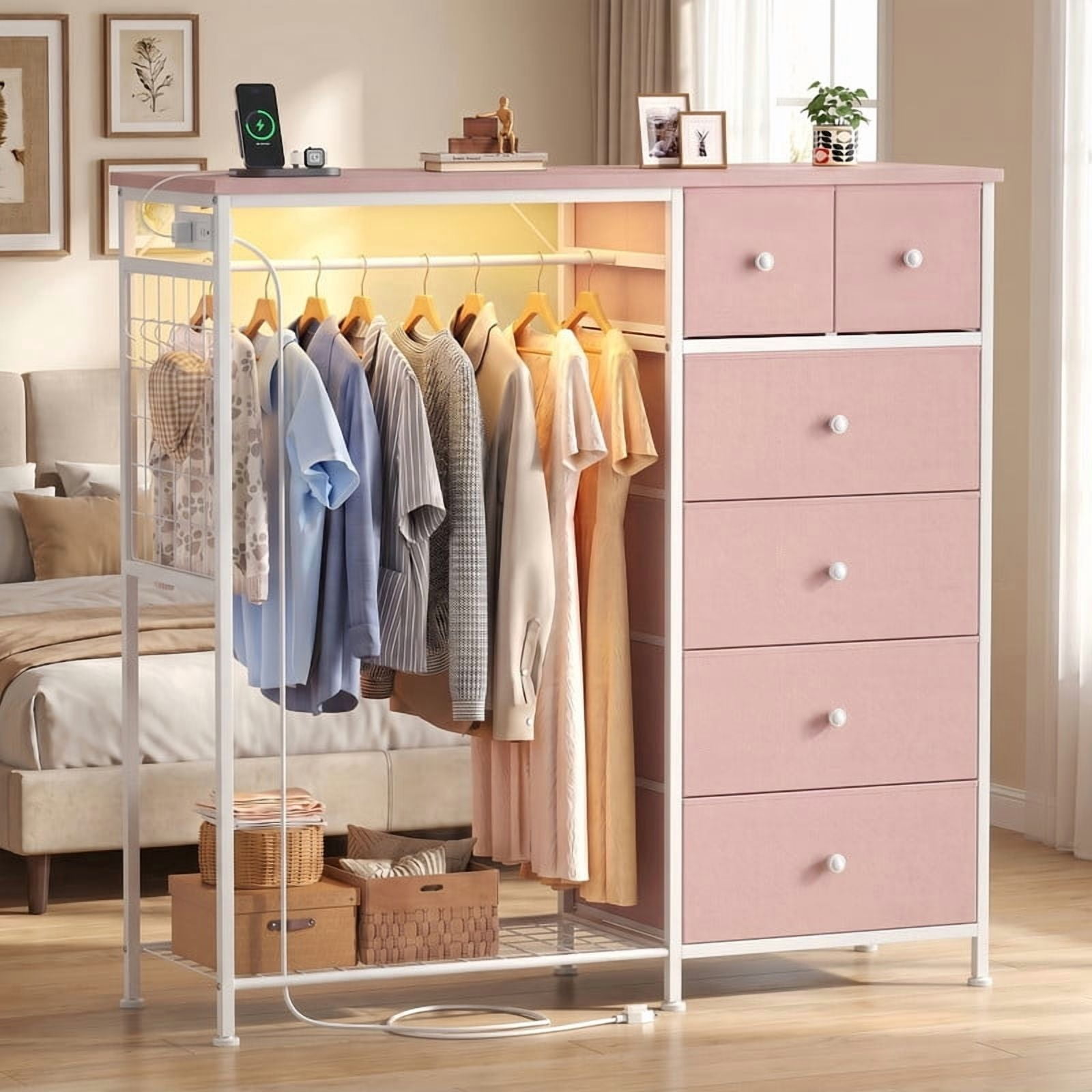 Kelno 6 Drawer Dresser with Hanging Rack LED Lights Charging Station Fabric Closet Organizer Storage Tower, Pink