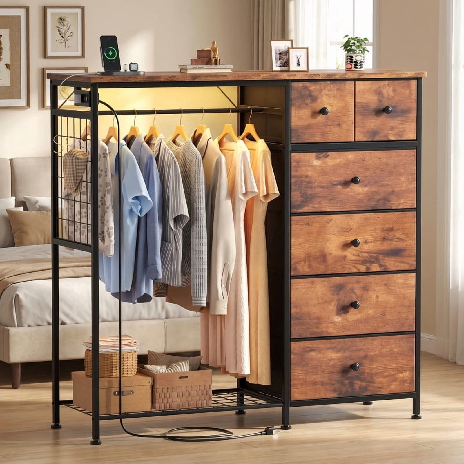 Kelno 6 Drawer Dresser with Hanging Rack LED Lights Charging Station Fabric Closet Organizer Storage Tower, Rustic Brown