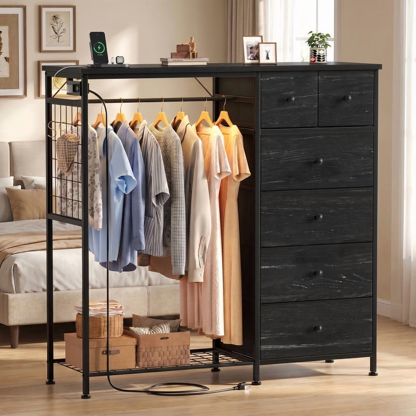 Kelno 6 Drawer Dresser with Hanging Rack LED Lights Charging Station Fabric Closet Organizer Storage Tower, Wood Grain Black