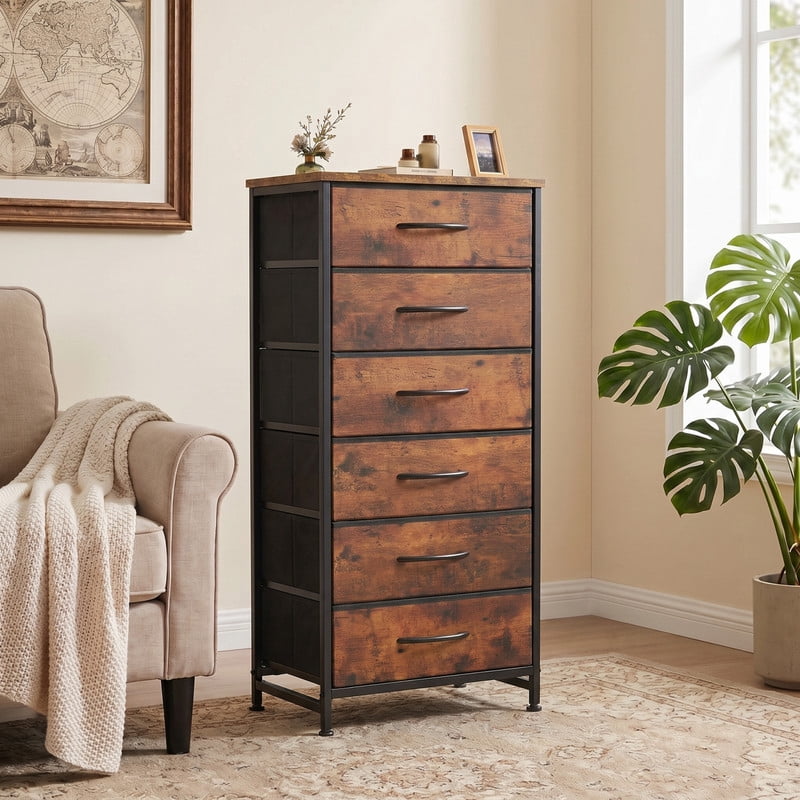 Kelno 6 Drawer Fabric Dresser Steel Frame Storage Chest Organizer with Wood Top, Rustic Brown